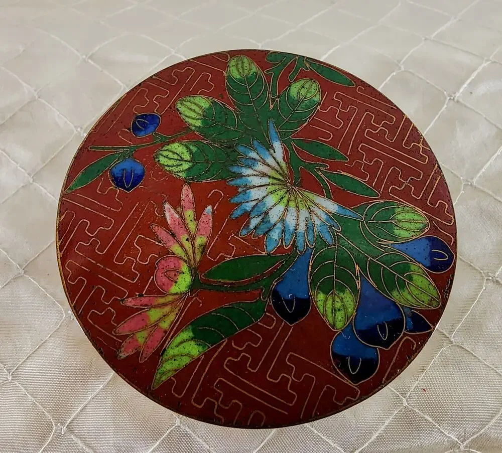 Vintage Chinese Cloisonne Enamel Brass Round Trinket Jewelry Box Floral 3